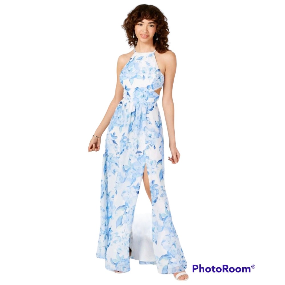 Morgan & Co Blue Floral Sleeveless Halter Maxi Sheath Dress Juniors Size 3